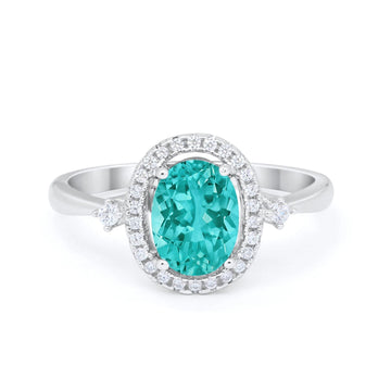 Art Deco Engagement Ring Halo Oval Simulated Paraiba Tourmaline CZ 925 Sterling Silver